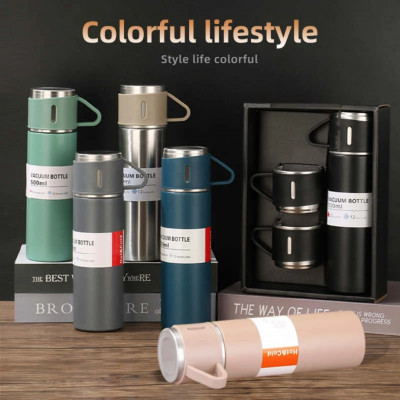 500ml Vacuum Flask Set with 2 Cups Hot & Cold Insulated Bottle 12-Hour Temperature Retention. Blue/Gray