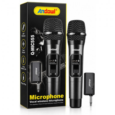 Andowl Q-MIC555 Wireless Handheld Vocal Microphone with Receiver, LCD Display, 30–50m Range