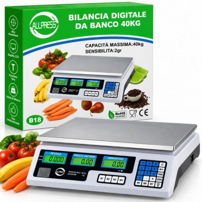 Allpress B18 Digital Countertop Weighing Scale 40kg with 2g Precision, LCD Displays, Price Calculation and Numeric Keypad