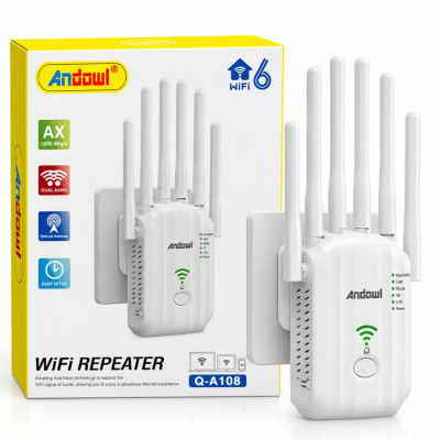 Andowl Q-A108 AX1800 WiFi 6 Dual Band Wireless Range Extender with 6 External Antennas, Repeater, Access Point and Router Modes