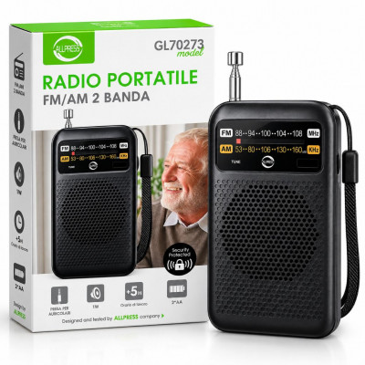 Allpress GL70273 Portable AM/FM Retro Radio with Telescopic Antenna, 1W Speaker, Headphone Jack and Battery Operation