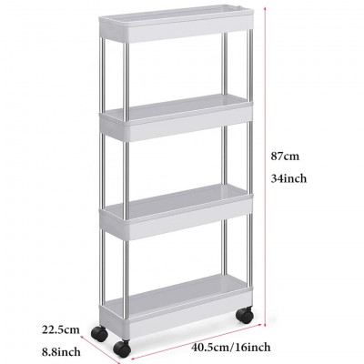 4-Tier Slim Bathroom Storage Rack with Wheels, 87 x 40.5 x 22 cm, Narrow Rolling Organiser Shelf for Kitchen and Laundry