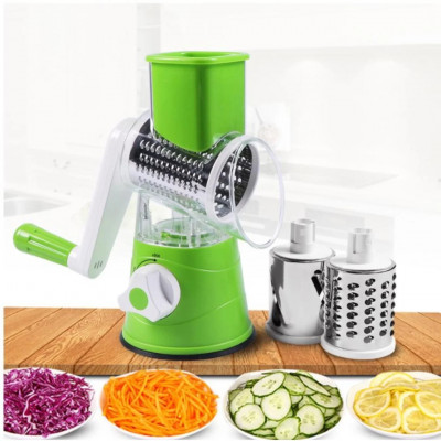 AORLIS AO-78331 Manual Rotary Vegetable Grater and Slicer with 3 Interchangeable Stainless Steel Drums and Suction Base. Red, gr