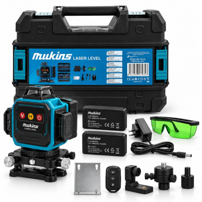 MUKINS WK-TD-A16 Rechargeable Laser Level Kit with 2400mAh Battery, Tripod Stand, Wall Mount and Carrying Case for DIY