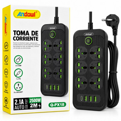 Andowl Q-PX18 2500W Power Extension Strip with 6 Universal Sockets, 3 USB-A Ports, USB-C PD, 2m Cable and Main Switch