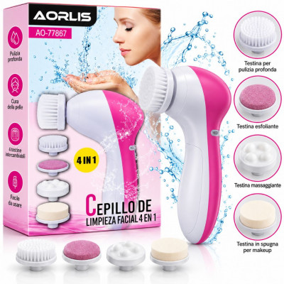 AORLIS AO-77867 4-in-1 Electric Facial Cleansing Brush with 2 Speed Settings, Exfoliating and Massage Attachments for Skincare