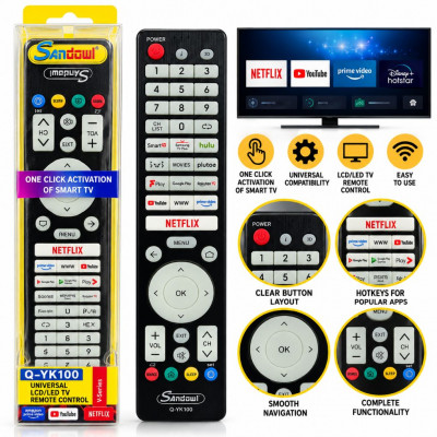 Andowl Q-YK100 Universal LCD LED Smart TV Remote Control with Netflix YouTube Buttons Multi-Brand Compatibility and Easy Setup