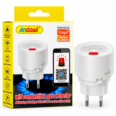 Andowl Q-MQ25 Smart WiFi Natural Gas Leak Detector Tuya App Controlled Combustible Gas Alarm with Audible Alert EU Plug