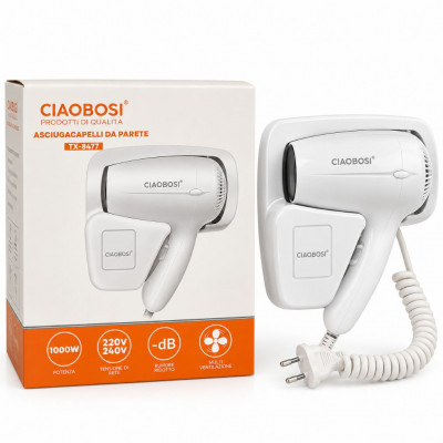 CIAOBOSI TX-8477 Wall Mounted Hair Dryer 1000W with Holder Low Noise Multi Ventilation Compact Bathroom Hair Drying Unit