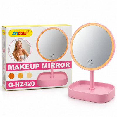 Andowl Q-HZ420 LED Makeup Mirror 9W Touch Control Round Vanity Mirror with Three Lighting Modes and Storage Base for Dressing Ta