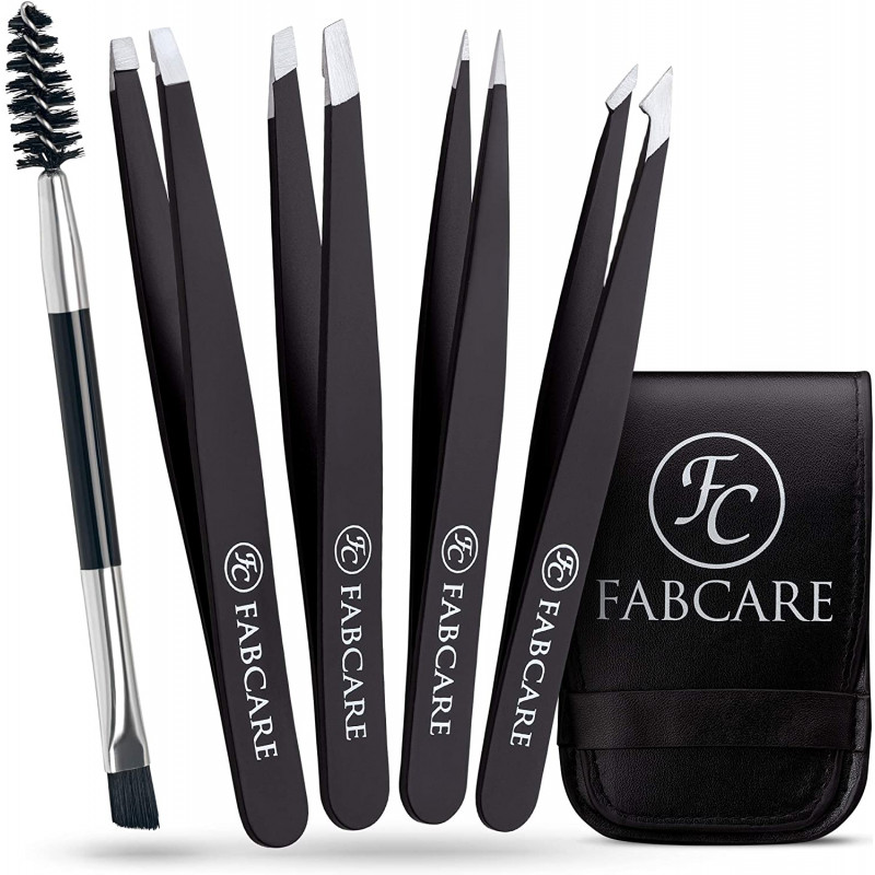 FABCARE Eyebrow tweezers set with case and brush (5 pieces) - improved tip - eyebrow pulling tweezers - eyebrow tweezers
