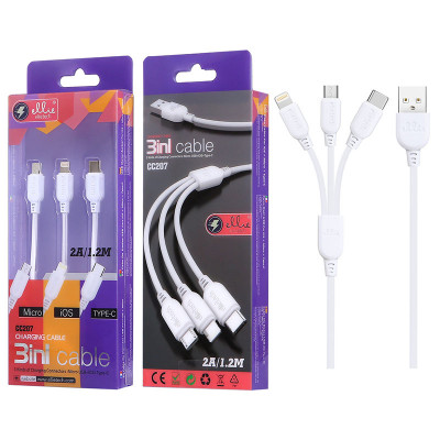 1.2m EllieTech 3in1 Charge and Sync Cable Micro USB, iPhone and USB Type-C White 2A
