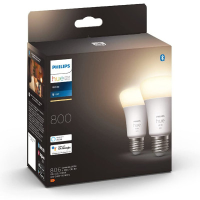 Philips Hue 800 White Single Bulb E27 LED, with Bluetooth, Works with Alexa and Google Assistant, 2 pieces